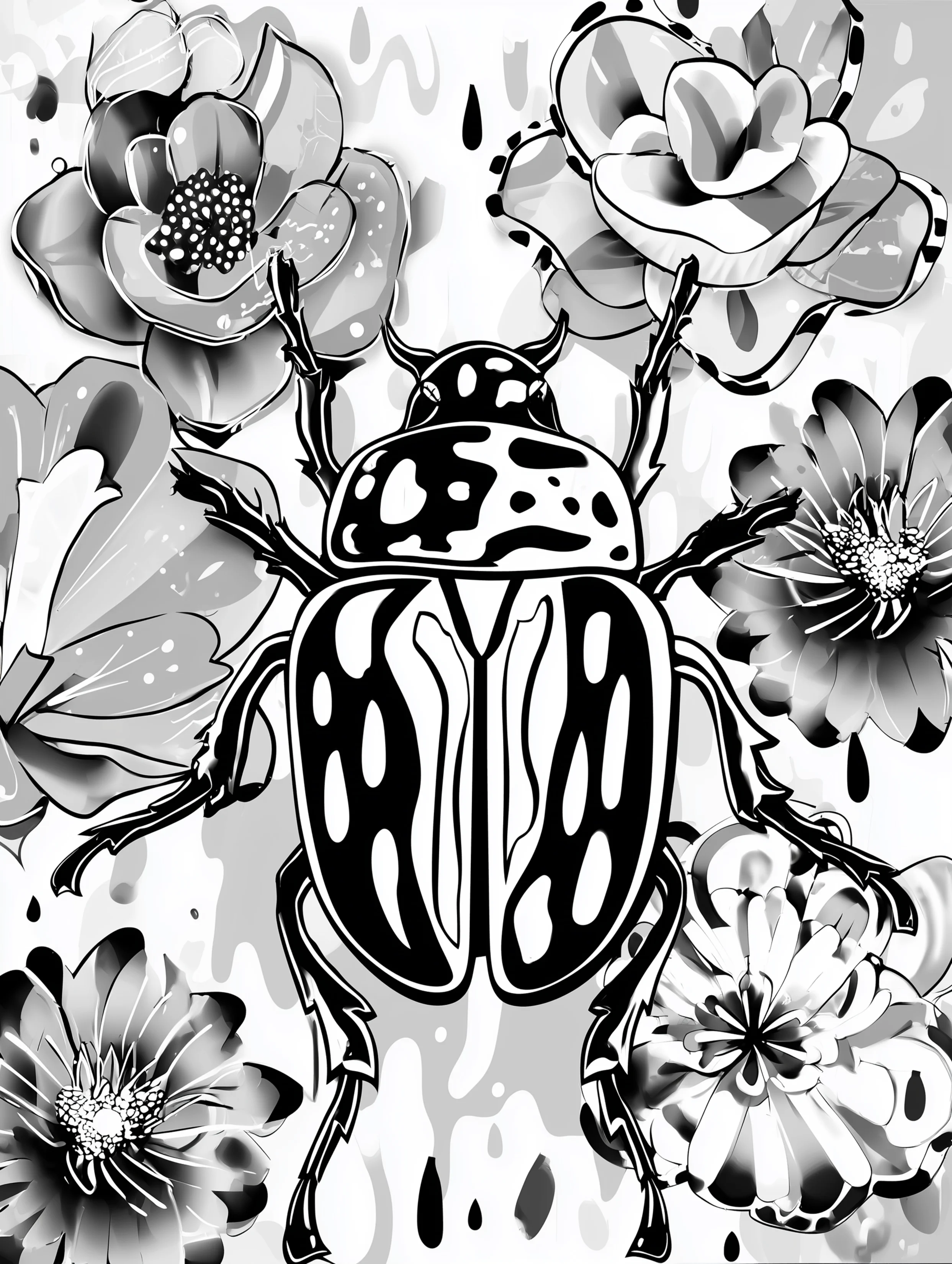 Free printable insect coloring page for adults featuring a shiny beetle surrounded by flowers